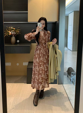 XINYI【松果摩卡】秋季美拉德飘带碎花连衣裙长袖收腰显瘦气质裙