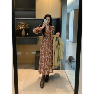美拉德飘带碎花连衣裙长袖 秋季 收腰显瘦气质裙 松果摩卡 XINYI