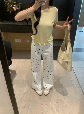 XINYI【云朵波点】夏季100%棉高腰休闲裤女显瘦百搭X626K05054