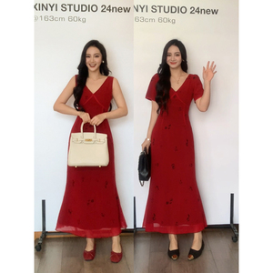 XINYI【绝美rose】夏季雪纺印花连衣裙显瘦X624Q04665/X624Q04855