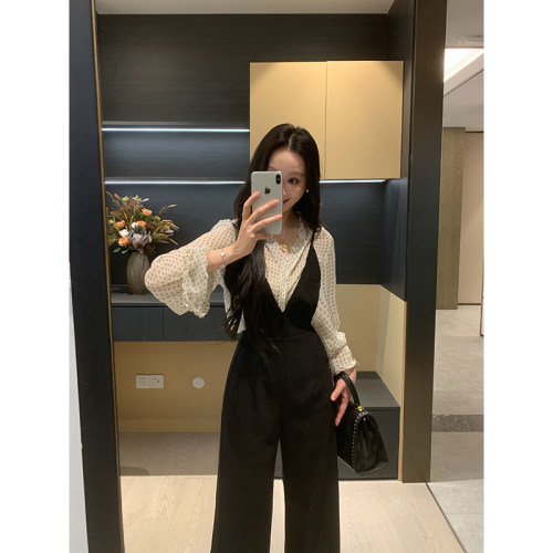 XINYI【金丝腰果】春夏印花雪纺小衫+吊带连体裤收腰显瘦套装女