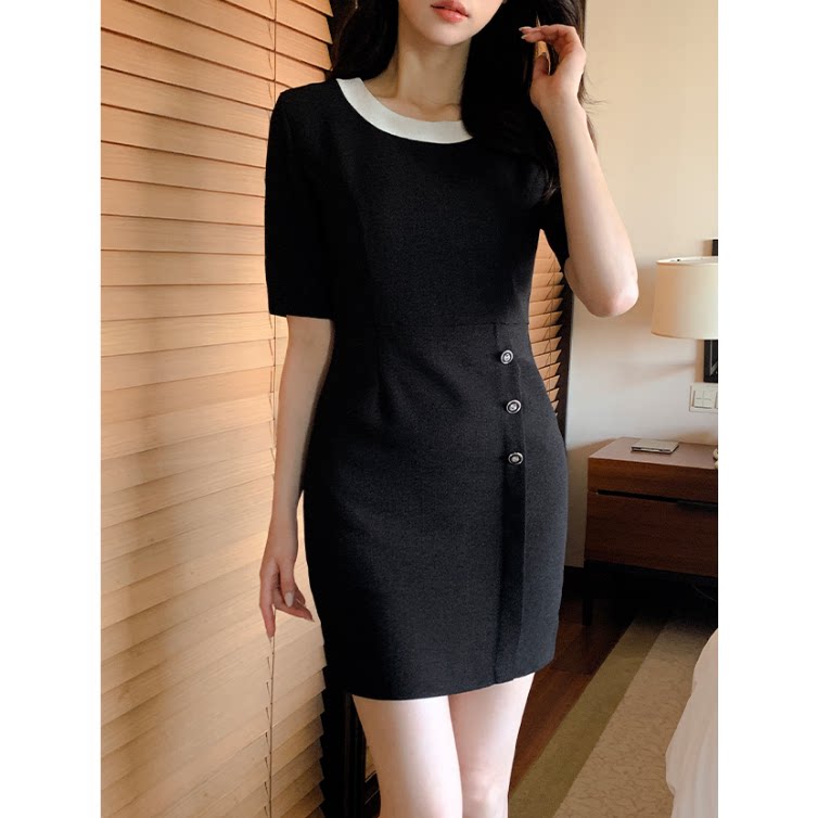 直邮 韩国制 代购官网女装Aattrang 优雅正装修身收腰短袖连衣裙