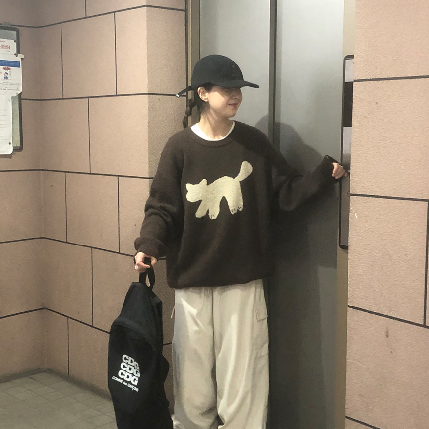 直邮 韩国官网代购女装ba-on 2025秋冬 可爱猫咪图案毛衣针织衫