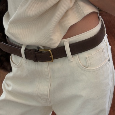 韩国代购哑光牛皮金色方扣腰带