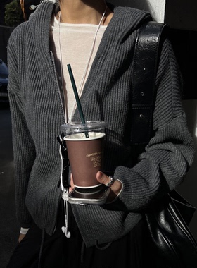 韩国代购官网女装Feminique 2025秋 拉链连帽针织衫开衫外套