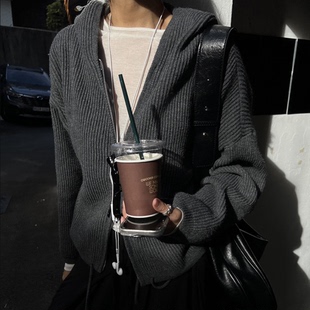 韩国代购官网女装Feminique 2025秋 拉链连帽针织衫开衫外套