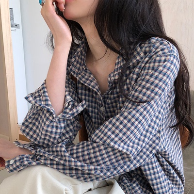 韩国代购质搭配针织衫格纹衬衫女