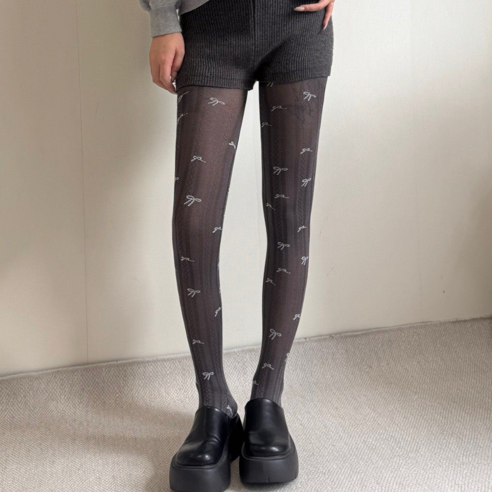 ins甜美暗纹竖条提花撞色蝴蝶结一体脚尖无痕棉打底裤袜秋冬外穿