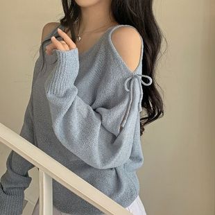 韩国chic早秋宽松肩部开衩露肩长袖针织衫上衣透视薄款套头毛衣女