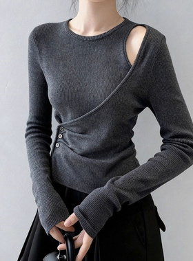 独特灰色针织衫毛衣女修身气质秋冬2025新款掐腰打底衫高级感上衣