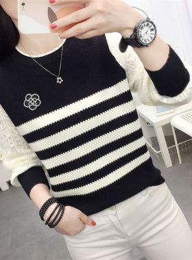 时尚条纹针织衫新款百搭圆领蕾丝长袖春秋季套头别致上衣洋气外穿