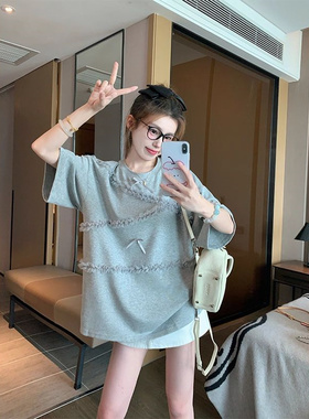 蝴蝶结蕾丝拼接短袖t恤女2025新款夏季灰色小众设计感宽松上衣ins