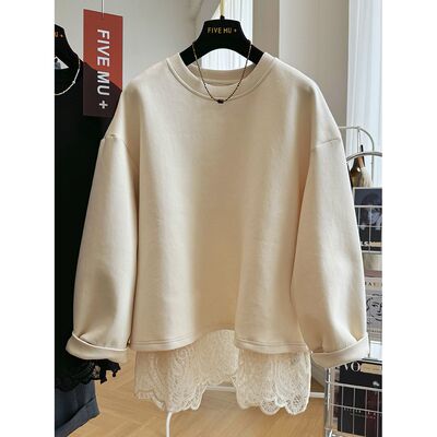 设计感蕾丝拼接假两件圆领卫衣