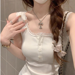 上衣 甜辣妹白色方领蕾丝小吊带打底背心女春夏2025内搭可外穿无袖