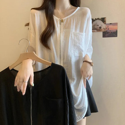 黑色拉链开叉雪纺短袖衬衫女夏季大码胖MM宽松遮肚休闲中长款上衣
