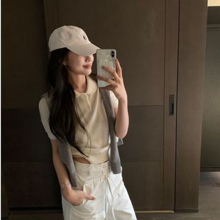 上衣 拼色Polo领针织短袖 T恤女2025年夏季 通勤百搭修身 设计感短款