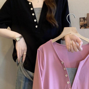 胖mm2 夏裝 女裝 300斤寬松遮肚顯瘦洋氣百搭短袖 假兩件撞色大碼 T恤