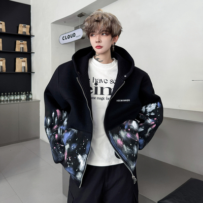 张艺兴同款涂鸦泼墨彩绘连帽开衫卫衣外套男潮牌重磅拉链帽衫上衣