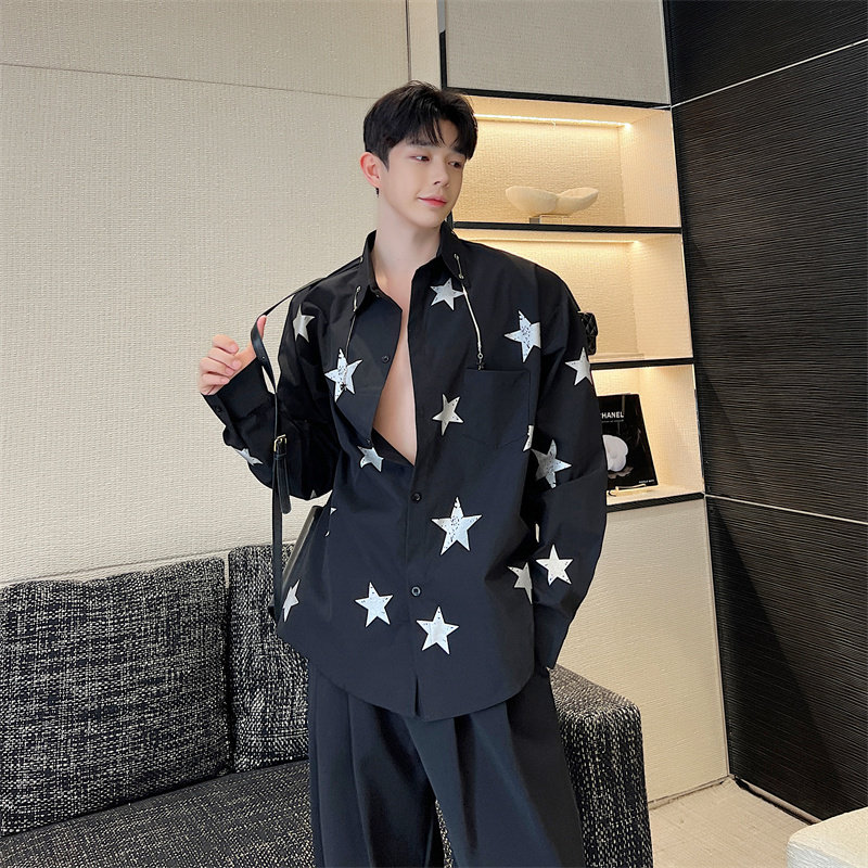 春夏满天星印花衬衫男长袖韩版高级感痞帅宽松领口金属挂饰衬衣潮