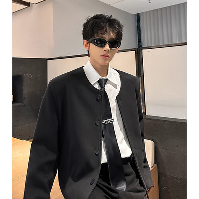 痞帅风男模外套小香风垫肩无领夹克男高级感韩系穿搭呢子短款西服