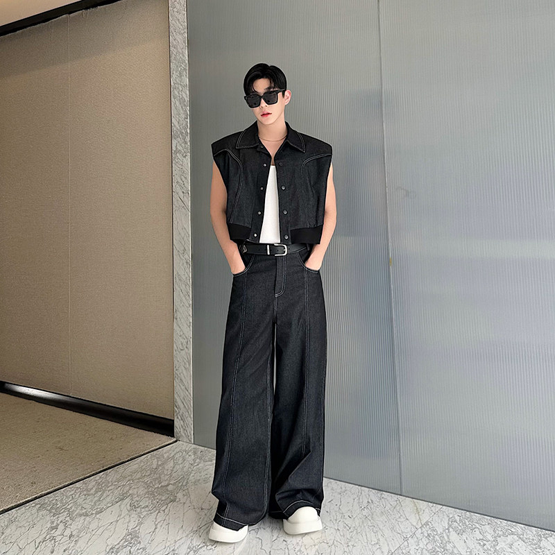 夏季小众设计师款复古美式牛仔无袖短裤夹克男套装阔腿裤两件套潮