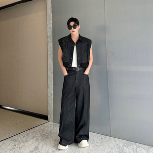 夏季小众设计师款复古美式牛仔无袖短裤夹克男套装阔腿裤两件套潮