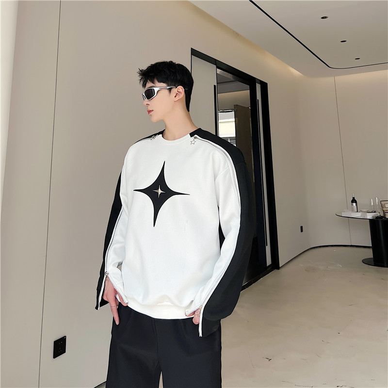 틈새 지퍼 흑백 대비 디자인 캐주얼 운동복 남성용 하이 엔드 잘 생긴 탑 ??미래 지향적 인 트렌디 브랜드 헤어 스타일리스트