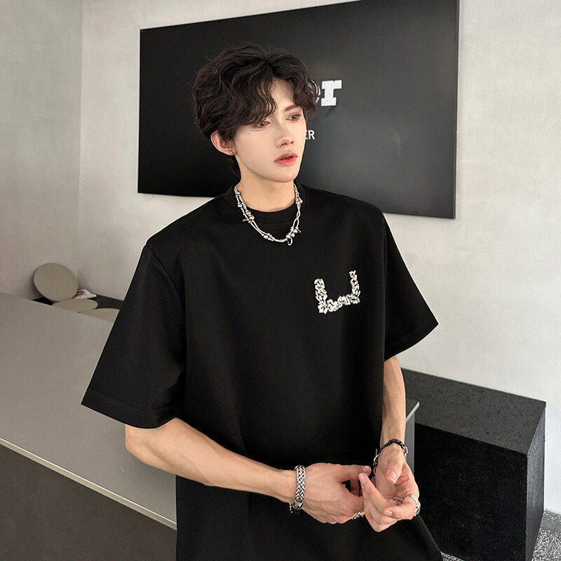 夏季小众高级感镶钻重磅短袖T恤男垫肩设计感网红小香风休闲T恤潮,男装,T恤,淘宝优惠券,粉丝福利购,淘宝优惠卷