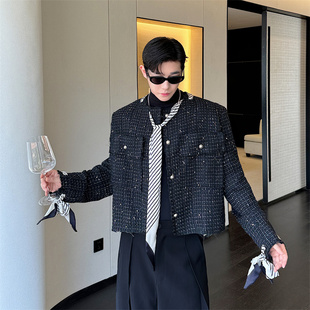 秋装小众格纹丝巾飘带粗呢小香风外套男毛边设计痞帅高级感短夹克