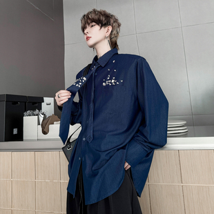 韩国复古小众手工钉珠领带装饰设计感垫肩牛仔衬衫男高级感衬衣潮