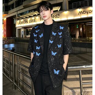 高级感痞帅短袖西服外套男模穿搭满天星立体蝴蝶装饰设计垫肩西装