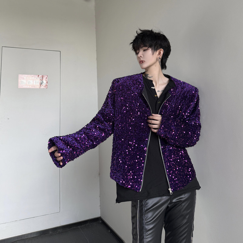 深紫色亮片小香风男夹克外套时尚潮流歌手演出舞台装炸街表演上衣