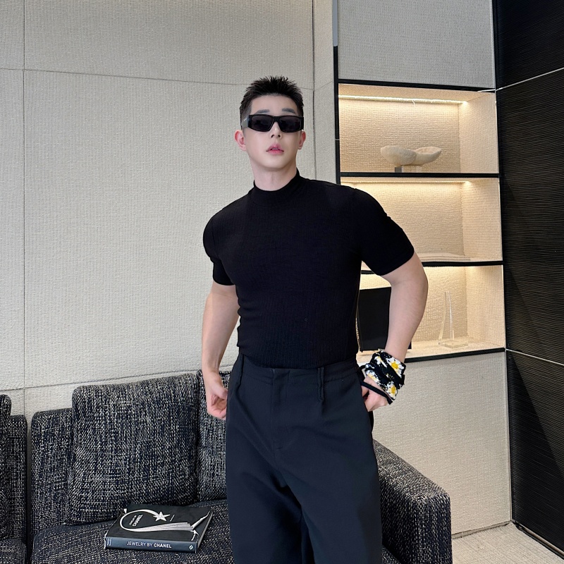 夏季半高领短袖针织衫男韩版修身高级感休闲纯色薄款半袖痞帅打底