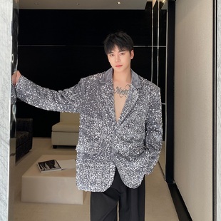轻奢ins丝绒亮片炫彩垫肩阔型西服男炸街上衣潮晚会舞台表演 春季