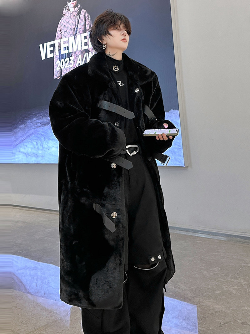 冬装高级感皮袢扣设计加厚毛绒保暖环保皮草男中长款炸街大衣外套