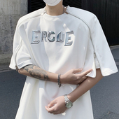 夏季 t恤 高街头半袖 小众拉链解构设计感金属字母垫肩短袖 T恤男美式