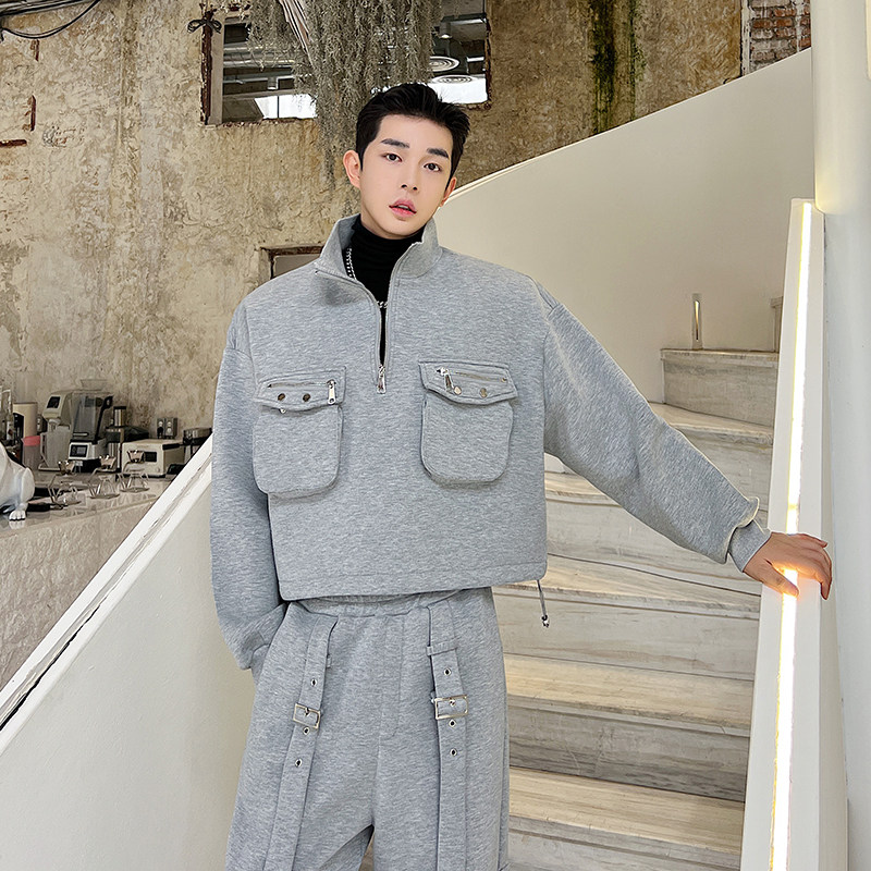 가을 겨울 입체 포켓 반지퍼 공기층 스탠드 칼라 짧은 스웨트 셔츠 남성 정장 캐주얼 와이드 팬츠 투피스 세트
