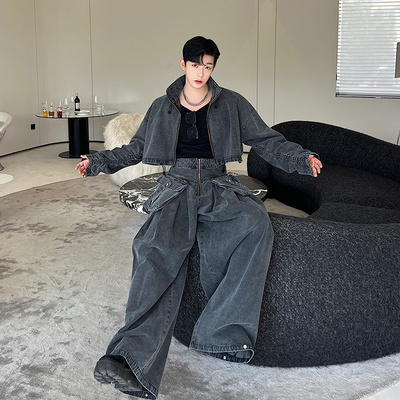 设计师ins走秀款水洗做旧复古廓形牛仔套装男韩版老爹裤阔腿长裤
