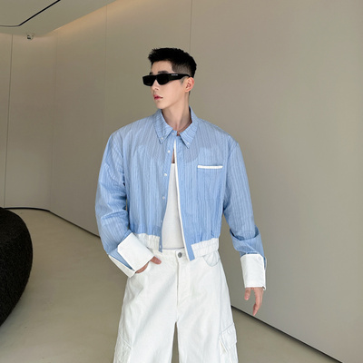 春夏小众设计师款百搭chic条纹拼色短袖衬衫男设计感网红休闲衬衣