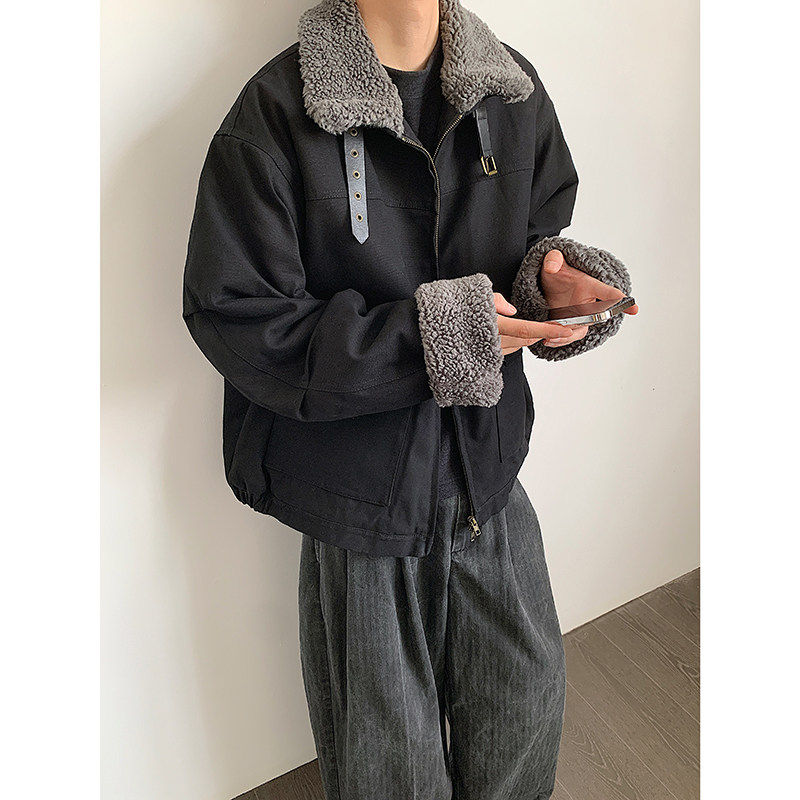 巴恩风毛领羊羔绒拼接派克服男女工装美式复古加厚夹克棉衣外套潮