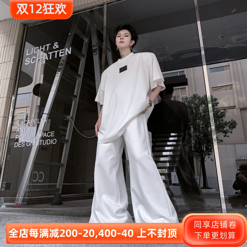 여름 아메리칸 스트리트 스팽글 디자인 반팔 티셔츠 남성 정장 루즈한 와이드 레그 바닥 길이 바지 투피스 트렌디 세트