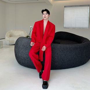 秋装时尚飘带设计感禁欲系西装外套男高级感气质直筒西裤两件套潮