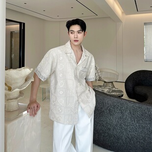 夏季小众提花刺绣古巴领短袖衬衫男轻奢水钻珍珠织带衬衫时尚韩系
