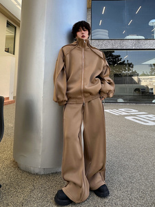冬季复古立领开衫垫肩卫衣男套装设计感结构小众后背开口阔腿长裤