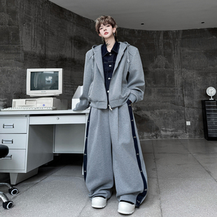 秋季美式高街连帽牛仔拼接假两件卫衣套装男高级感痞帅阔腿长裤潮