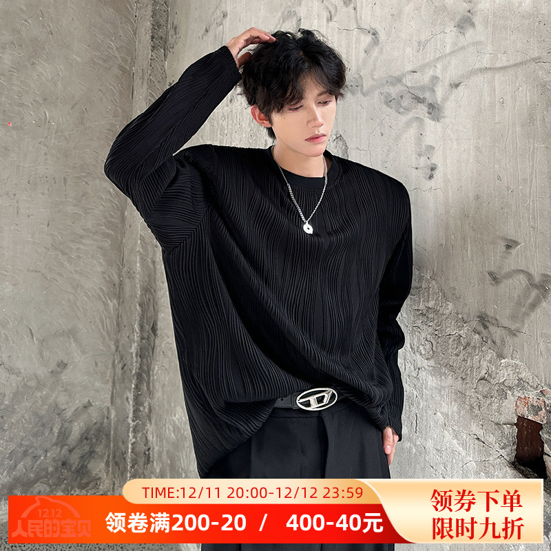 秋季小众肌理感痞帅垫肩长袖T恤男韩版ins潮牌上衣痞帅宽松打底衫