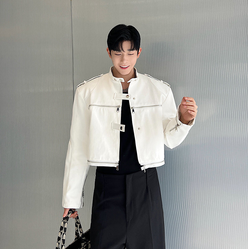 가을 틈새 더블 지퍼 해체 디자인 가죽 스탠드 칼라 자켓 남성 기능성 트렌디 브랜드 INS 오토바이 짧은 재킷