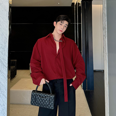 秋季安哥拉红重工可拆卸翻领飘带包扣长袖衬衫男复古酒红高级衬衣