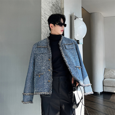 设计师款重磅水洗杂花牛仔廓形小香风外套男痞帅高级感粗花呢夹克