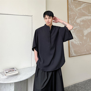 日系暗黑风复古宽松立领大袖短袖衬衫男廓形痞帅小众慵懒风发型师
